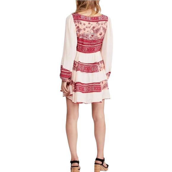 Free People My Love Mini Dress Long Sleeve Pink Red Boho Floral V Neck XS - Picture 2 of 10